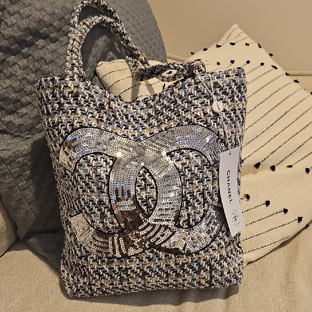 Chanel Beaute Sequin Tweed Tote - Blue, Black, White, and Silver